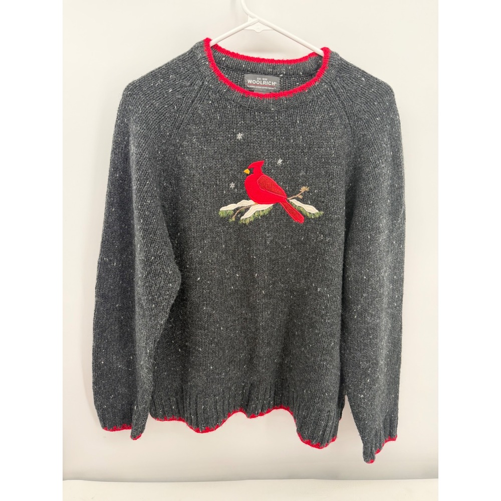Woolrich Cardinal Sweater Gray Red Trim Embroidered Bird Knit Pullover Sz L